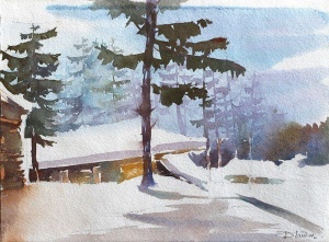chalet sous la neige - aquarelle - Didier Maurin