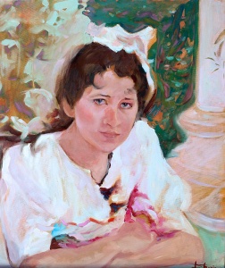 Portrait jeune femme aux bras croises huile sur toile de Didier Maurin