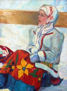 Portrait jeune femme aux gants huile sur toile de Didier Maurin